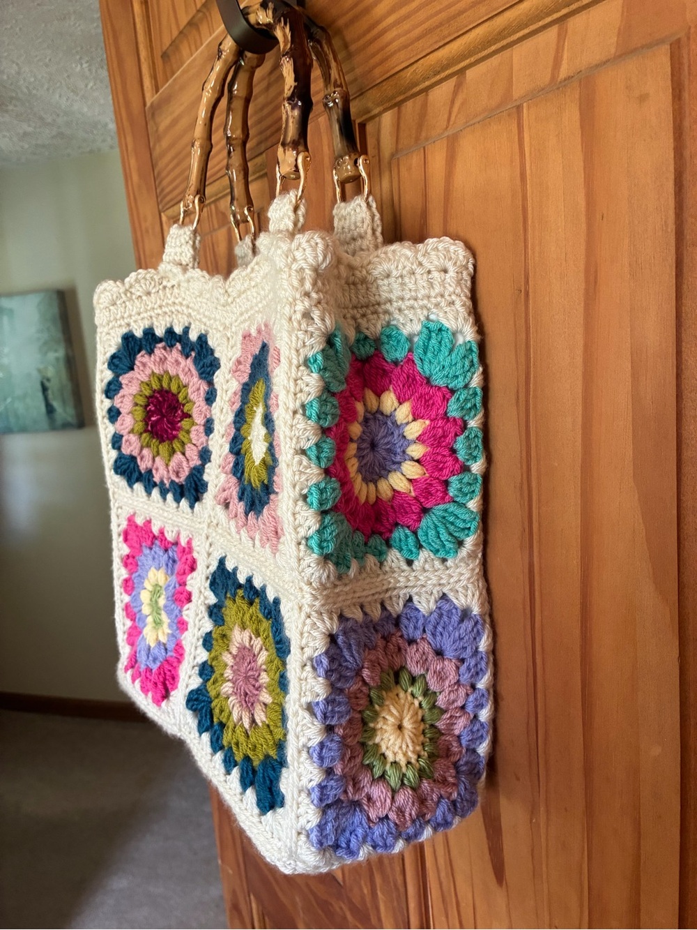 Handmade Crochet Square Tote Bag with Bamboo Handles - Cream Multi - Picture 4 of 5